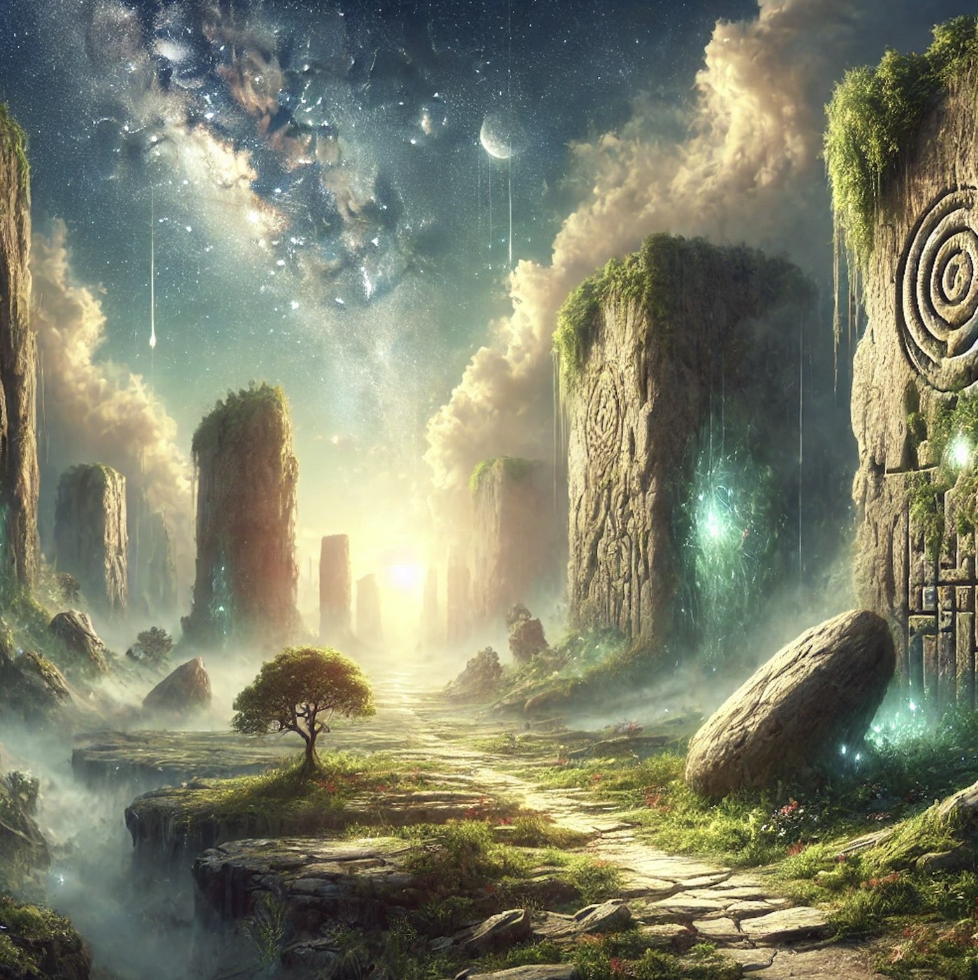 Illustration for the short story Anthropic — a glowing stone path through an ancient, moss-covered ruin.