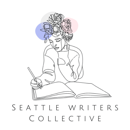 Seattle Writers Collective logo — a line illustration of a woman writing in a journal.